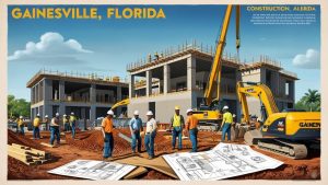 Active construction site in Gainesville, Florida, featuring workers, cranes, and heavy machinery at a modern building project.