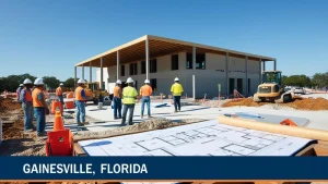 Construction team in Gainesville, Florida, reviewing blueprints at a commercial building site under sunny skies.