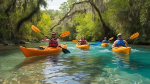 Group of kayakers paddling on crystal-clear waters surrounded by lush greenery in Gainesville, Florida.