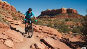 Mountain biker on a red rock trail in Grand Junction, Colorado, with stunning desert cliffs and open landscapes in the background, highlighting the area’s outdoor recreational appeal.