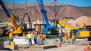 Grand Junction, Colorado, construction site showcasing heavy equipment, workers, and clear skies, emphasizing the importance of performance bonds for public infrastructure projects.