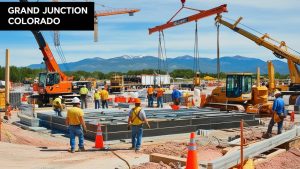 Construction site in Grand Junction, Colorado, featuring cranes, workers in safety gear, and a scenic mountain backdrop. Perfect representation of local development projects requiring bid, performance, and payment surety bonds.