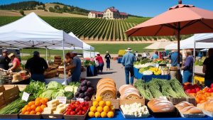 Grand Junction farmers' market with vibrant fruits, vegetables, and artisan goods, set against rolling vineyards and picturesque hills, showcasing the community's agricultural richness.