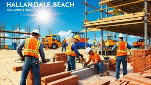 Construction workers in Hallandale Beach, Florida, building a beachfront property with bright blue skies and a scenic coastal backdrop.