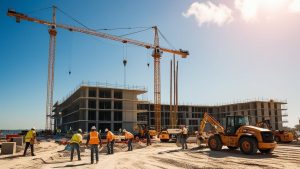 Construction site in Hallandale Beach, Florida, featuring a crane and workers in safety gear actively building a modern structure under a clear blue sky.