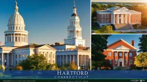 Collage of Hartford, Connecticut landmarks including the Capitol building and other historic architecture, capturing the essence of the city's rich history and civic pride.