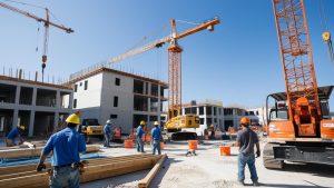 A bustling construction site in Hialeah, Florida, showcasing workers in hard hats operating heavy machinery and cranes near partially constructed buildings under a clear blue sky.