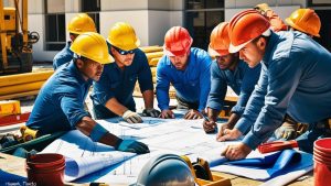 A group of construction workers in Hialeah, Florida, gathered around a table with blueprints, wearing hard hats and work gloves, discussing project details.