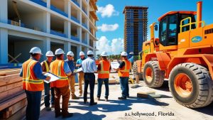 A group of construction workers and engineers wearing safety vests and helmets, discussing plans at a construction site in Hollywood, Florida, with modern equipment and partially constructed buildings in the background.