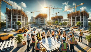 A vibrant construction site in Pembroke Pines, Florida, featuring a group of diverse construction workers reviewing blueprints on a table with cranes and unfinished buildings in the background, reflecting collaboration and progress.