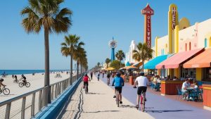 Cyclists and pedestrians enjoying the Hollywood Beach Broadwalk in Florida, lined with palm trees, colorful storefronts, and a bright sunny sky, showcasing a lively coastal atmosphere.