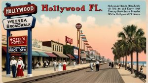 A vintage depiction of the Hollywood Beach Broadwalk in Florida, featuring historical signage, people in early 20th-century attire, and palm trees along the scenic boardwalk.