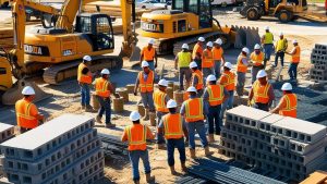 A group of construction workers in high-visibility vests and helmets collaborating on a commercial construction site in Lakeland, Florida, surrounded by rebar, cinder blocks, and excavators.