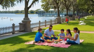 A family enjoying a sunny picnic on a green lawn by the waterfront in Lakeland, Florida, surrounded by swans and shaded by oak trees draped in Spanish moss.