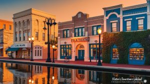 A stunning view of the Polk Theatre and nearby buildings in downtown Lakeland, Florida, illuminated during sunset with their reflections visible in a calm waterway.