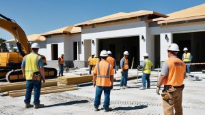 Construction workers in safety gear discussing progress on a residential building project in Lakeland, Florida, with a partially completed structure and heavy equipment in the background.