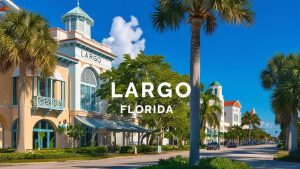 Street view of downtown Largo, Florida, with elegant architecture, palm trees, and bright blue skies, emphasizing the city’s inviting and vibrant atmosphere.