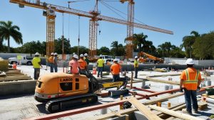 Construction site in Largo, Florida, showcasing workers and heavy machinery with cranes in the background, highlighting active infrastructure development projects in the city.