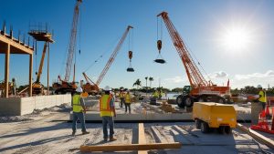 Construction site in Largo, Florida, showcasing workers and heavy machinery with cranes in the background, highlighting active infrastructure development projects in the city.