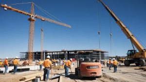 Construction workers at a large development site in Littleton, Colorado, with cranes and heavy equipment in action.