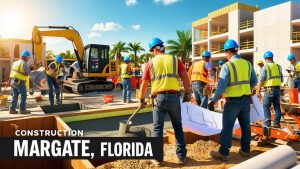 Group of construction workers in Margate, Florida, wearing safety gear and collaborating on a large-scale building project under sunny skies with palm trees in the background.