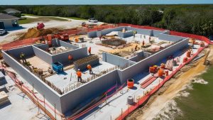 Construction site in Margate, Florida, showing workers actively building foundations with reinforced concrete and heavy machinery, surrounded by safety barriers.