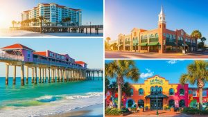 Collage of Melbourne, Florida landmarks, including the Melbourne Beach Pier, Eau Gallie Arts District, historic downtown buildings, and waterfront views.