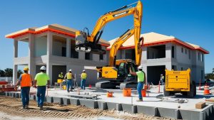 Active construction site in Melbourne, Florida, featuring workers in safety gear operating heavy machinery, including excavators and forklifts, under clear blue skies.