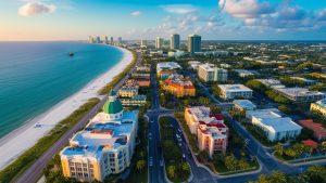 Beautiful aerial view of downtown Melbourne, Florida, highlighting colorful architecture, palm-lined streets, and the pristine coastline with turquoise waters.