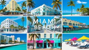 A collage showcasing iconic landmarks, pastel-colored Art Deco architecture, and scenic waterfronts in Miami Beach, Florida, emphasizing the city's unique cultural and architectural identity.