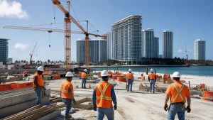 A team of construction workers wearing orange safety vests and hard hats at a beachfront construction site in Miami Beach, Florida, with high-rise luxury buildings and cranes in the background, showcasing ongoing urban development.