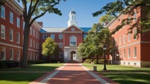 Red-brick academic building surrounded by trees on a sunny day in Middletown, Connecticut, showcasing classic architecture and a landscaped courtyard.