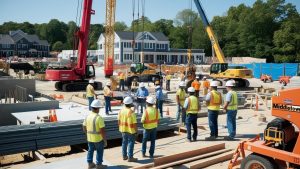 Construction site in Middletown, Connecticut, featuring workers in safety vests and helmets coordinating near cranes and heavy machinery.