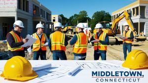 Team of construction workers in Middletown, Connecticut, reviewing blueprints at a job site with excavators and new building structures in the background.