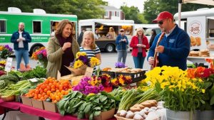 Vibrant farmers market in Middletown, Connecticut, with residents shopping for fresh produce, flowers, and baked goods from local vendors.