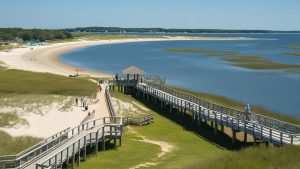 A serene view of Silver Sands State Park in Milford, Connecticut, showcasing a wooden boardwalk leading to the beach and lush green marshland.