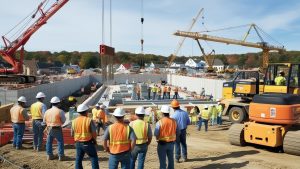 Construction workers and cranes at a busy New Britain, Connecticut, construction site. A performance bond ensures projects like this are completed on time and to standard.