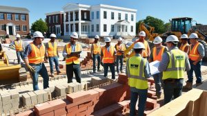 Construction team laying bricks and reviewing plans on a sunny day in New Britain, Connecticut. Performance bonds safeguard project success for contractors and developers.