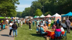 Vibrant outdoor community event in New Britain, Connecticut, with food stalls, colorful tents, and people enjoying the festivities.