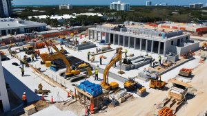 Construction site in North Miami, Florida, showcasing workers, heavy machinery, and building materials in progress, representing the city's thriving construction projects.