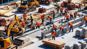 Group of construction workers laying bricks and operating machinery at a busy North Miami construction site, highlighting teamwork and development activities.