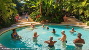 Visitors enjoying the natural Warm Mineral Springs in North Port, Florida, surrounded by lush greenery and tropical landscaping.