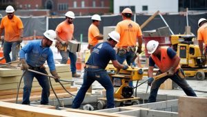 Contractors on a construction site in Norwalk, Connecticut, operating heavy equipment and handling materials, showcasing large-scale development projects and expertise in action.