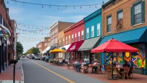 A vibrant street in downtown Norwalk, Connecticut, featuring colorful storefronts, outdoor dining, and a welcoming community atmosphere under string lights.