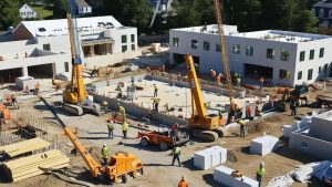 Active construction site in Norwich, Connecticut, featuring cranes, construction workers, and building structures under development, showcasing the dynamic growth of local infrastructure projects.