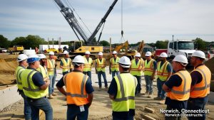 Group of construction workers and engineers in Norwich, Connecticut, wearing safety vests and helmets, gathered for a briefing at a job site with heavy equipment in the background.