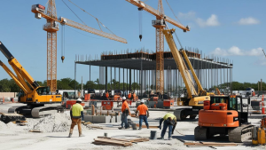 Active construction site in Oakland Park, Florida, featuring large cranes, workers, and heavy machinery during a building project.