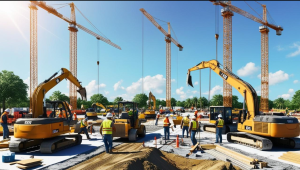 Modern construction site in Oakland Park, FL, with cranes, excavators, workers, and clear blue skies showcasing infrastructure development.