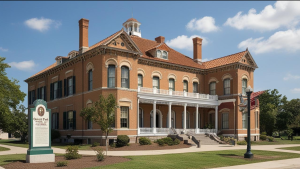 Historic government building in Oakland Park, Florida, with classic architecture, red brick exterior, and lush green surroundings.