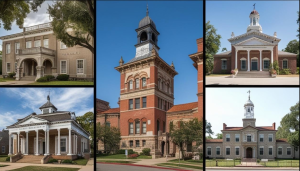 Collage of historic buildings and landmarks in Oakland Park, FL, featuring brick facades, white columns, and detailed architecture under blue skies.